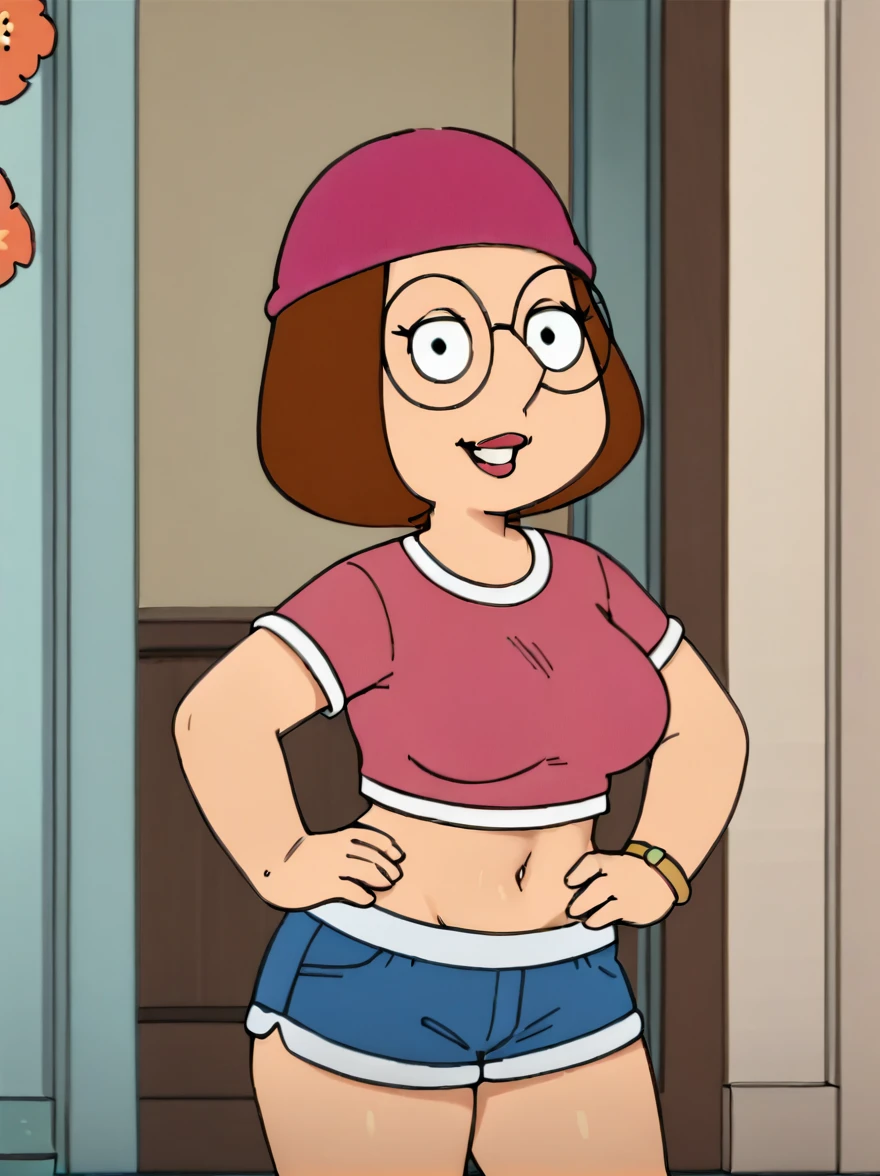 meg, brown hair, 1girl, glasses, solo, short hair, flat color, blue short shorts, beanie, pink crop-top,standing, hand on own hip, looking at viewer, smile, extra large breasts, thick thighs, thin waist la ropa muy pegada y sentada