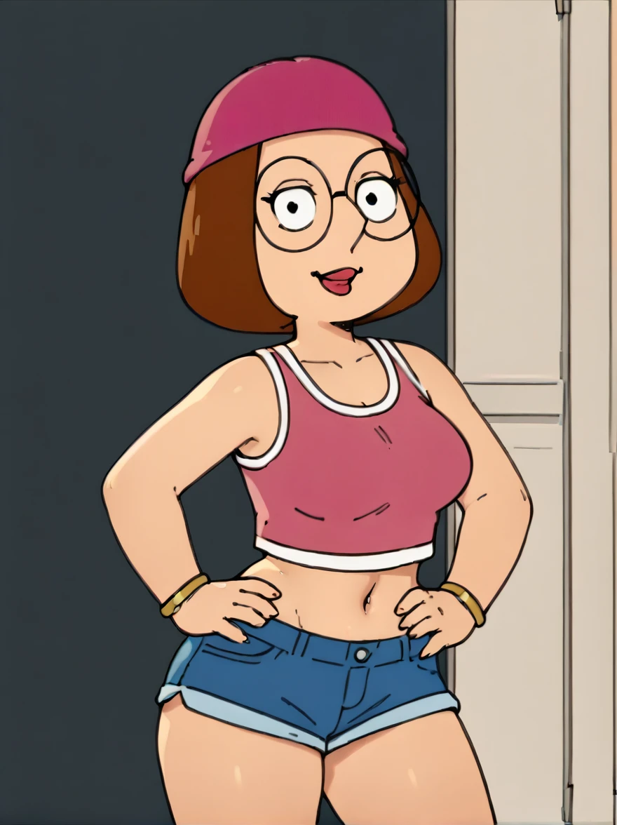 meg, brown hair, 1girl, glasses, solo, short hair, flat color, blue short shorts, beanie, pink crop-top,standing, hand on own hip, looking at viewer, smile, extra large breasts, thick thighs, thin waist la ropa muy pegada y sentada