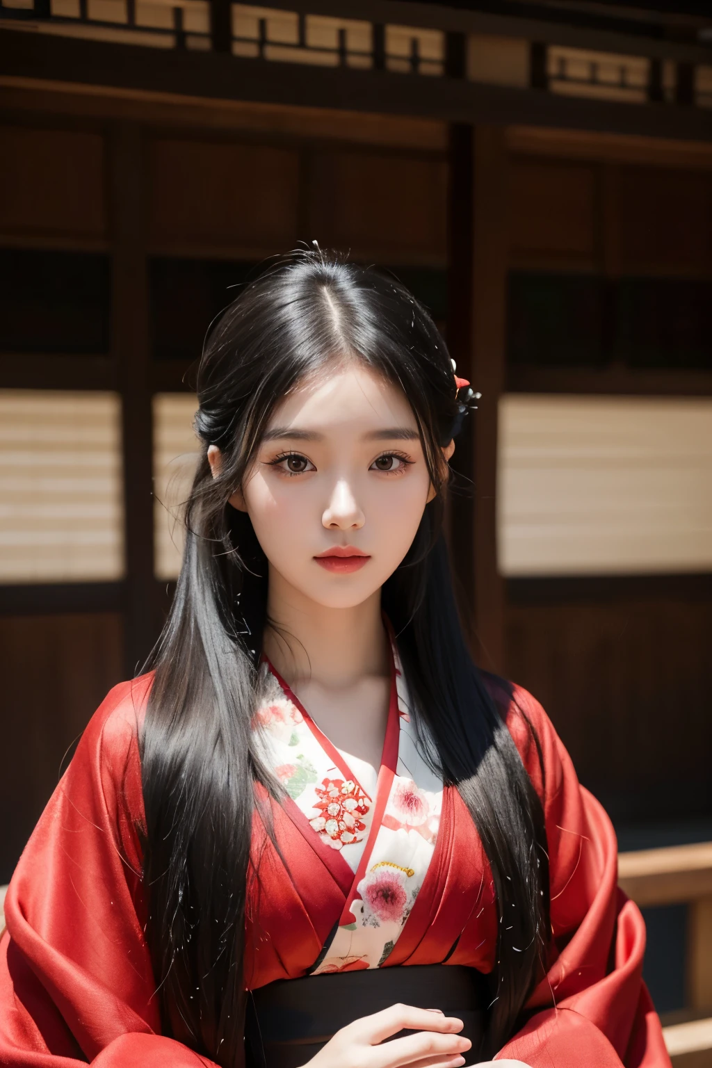a girl with long hair, red and black hair, looking forward, beautiful face, masterpiece, best quality, kimono clothing, korean girl, black eyes, masterpiece, portrait, best quality, ultra detail.
