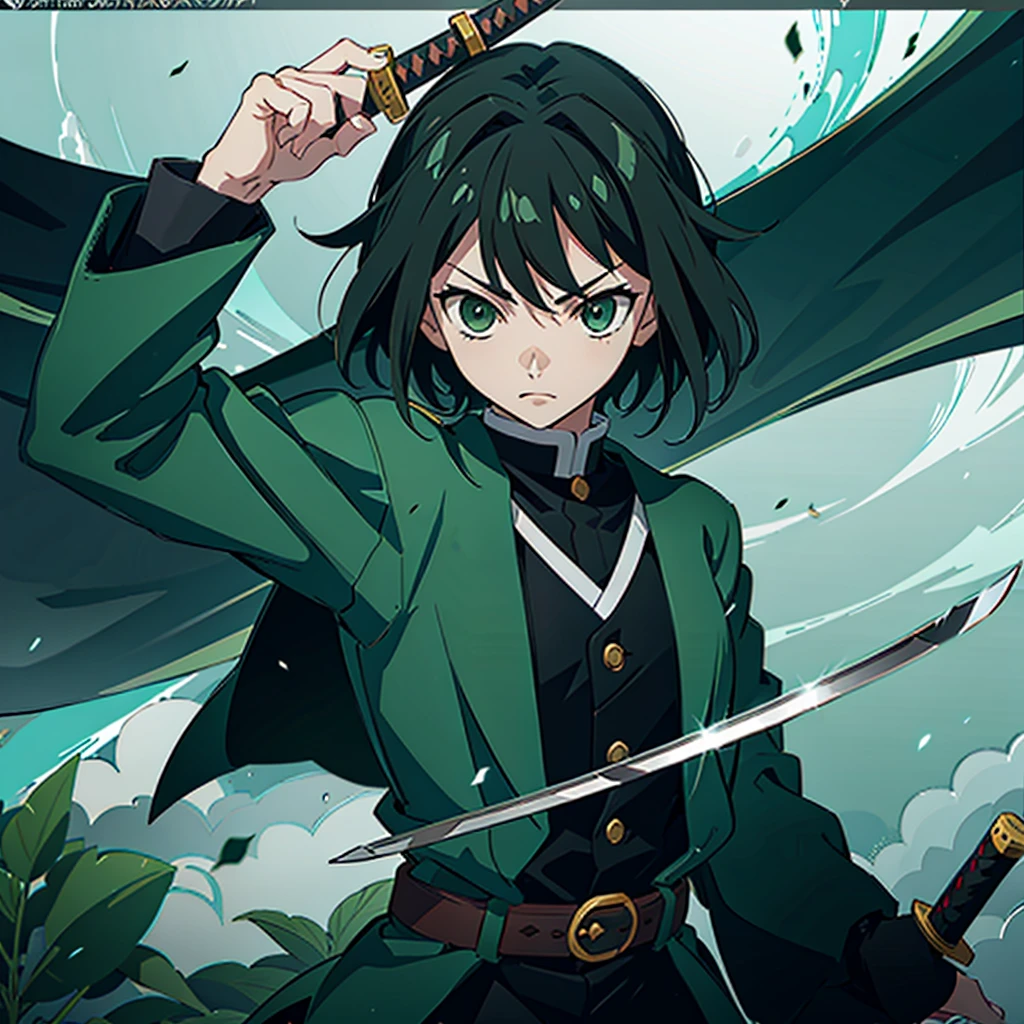 Just a katana, dark green blade, detailed, demon slayer style