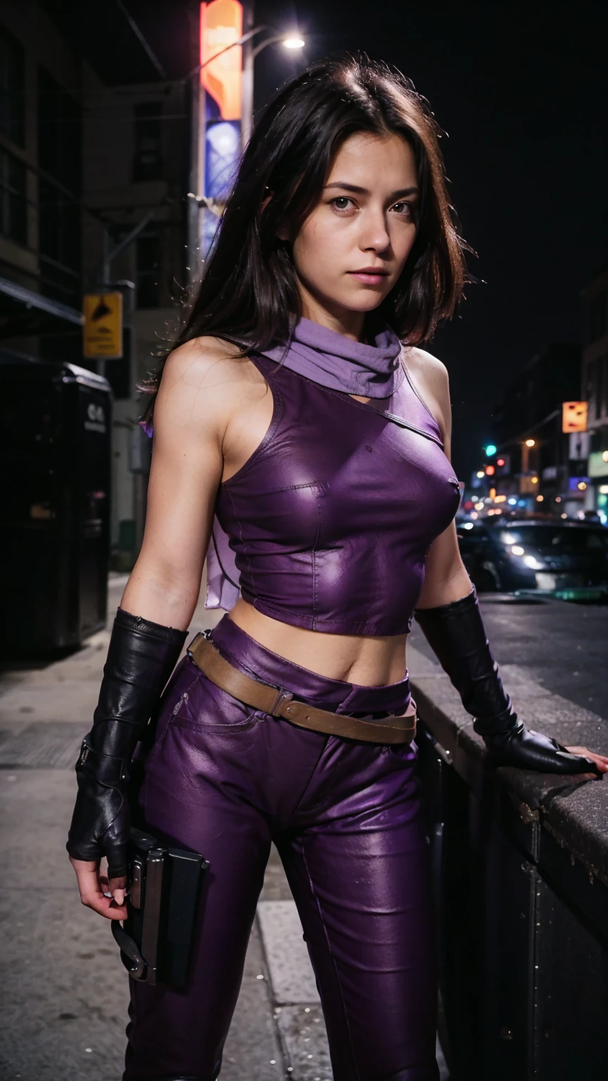 (masterpiece), (photorealistic1.4), (1 girl), (solo), (best quality), (epiCRealLife), (medium breast),  (Kate Bishop long hair), (sleeveless top), (kateb2023 black utility belt), (kateb2023 purple costume), (purple pants) (kateb2023 purple sleevless bodysuit), (sks woman),(white scarf), bare shoulder), (night time), (black boot), (elbow gloves), (abs), (flash photography), (film photo), (cowboy shots), (outdoor), (street of new york), (at night), (look at viewers),(light smile)