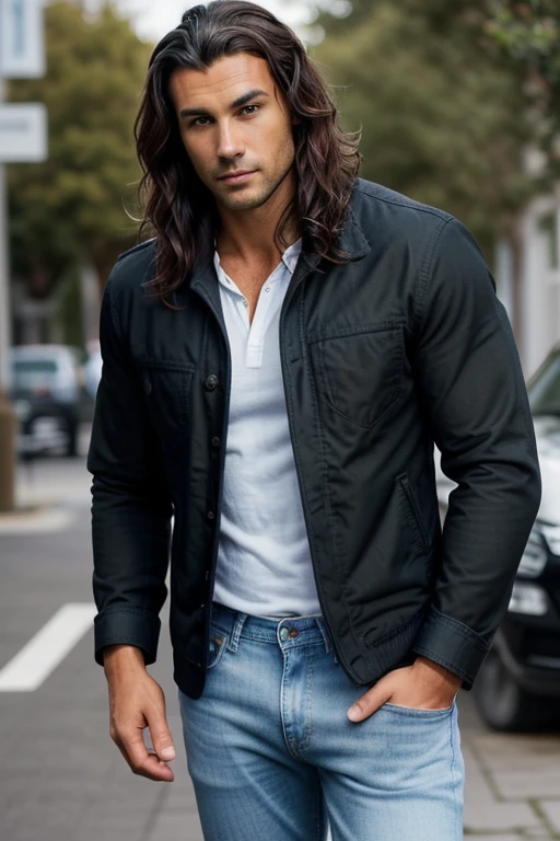 Handsome Man 36, lean muscular body, tan skin olive, his eyes are blue, 1.90m, his hair is dark brown with natural waves that flow down his shoulders, a little stubble unshaved, wearing a black jacket, white shirt and jeans