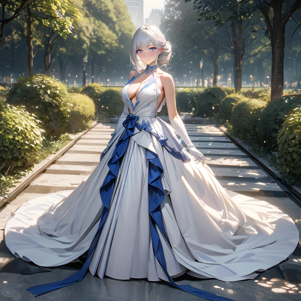 A woman wearing a sophisticated white dress with silver details, blue sapphire on the dress, long white gloves, exposed shoulder, large breasts, long dress, long white hair, blue bows in her hair, blue eyes, smiling, in a garden with trees, sophisticated garden , walking on luxury concrete floor, perfect eyes, day spotm,UHD , prime work , accurate , anatomically correct , textured skin , super details , high quality , best quality, 8k, high resolution, bokeh effect. (woman alone), close view. realistic
