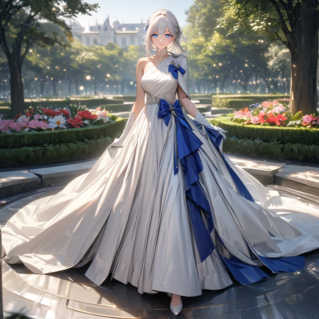 A woman wearing a sophisticated white dress with silver details, blue sapphire on the dress, long white gloves, exposed shoulder, large breasts, long dress, long white hair, blue bows in her hair, blue eyes, smiling, in a garden with trees, sophisticated garden , walking on luxury concrete floor, perfect eyes, day spotm,UHD , prime work , accurate , anatomically correct , textured skin , super details , high quality , best quality, 8k, high resolution, bokeh effect. (woman alone), close view. realistic
