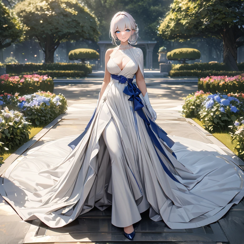 A woman wearing a sophisticated white dress with silver details, blue sapphire on the dress, long white gloves, exposed shoulder, large breasts, long dress, long white hair, blue bows in her hair, blue eyes, smiling, in a garden with trees, sophisticated garden , walking on luxury concrete floor, perfect eyes, day spotm,UHD , prime work , accurate , anatomically correct , textured skin , super details , high quality , best quality, 8k, high resolution, bokeh effect. (woman alone), close view. realistic