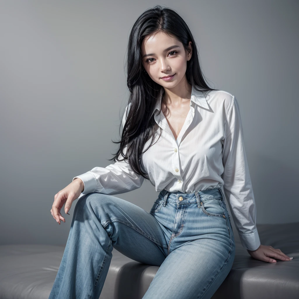 1 woman, Brazilian, 35 years old, straight black hair, captivating but modest smile, yellow dress shirt, light blue women's suit, high-waisted jeans, elegant, right hand on waist, left hand resting on side, white nail polish, dark gray background, high-quality, hyper-realistic, 8K Ultra HD