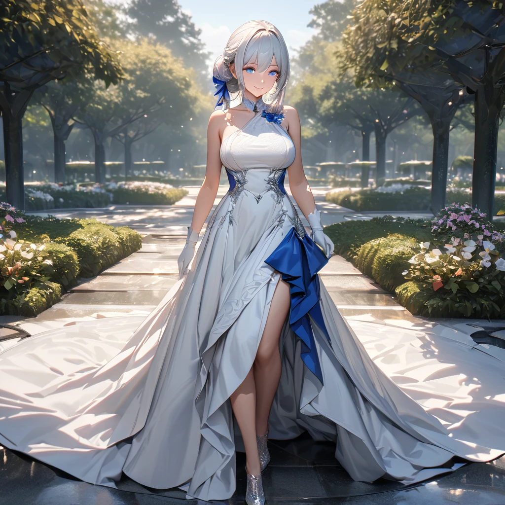 A woman wearing a sophisticated white dress with silver details, blue sapphire on the dress, long white gloves, exposed shoulder, large breasts, long dress, long white hair, blue bows in her hair, blue eyes, smiling, in a garden with trees, sophisticated garden , walking on luxury concrete floor, perfect eyes, day spotm,UHD , prime work , accurate , anatomically correct , textured skin , super details , high quality , best quality, 8k, high resolution, bokeh effect. (woman alone), close view. realistic
