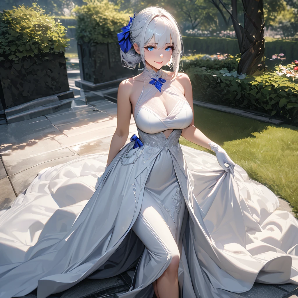A woman wearing a sophisticated white dress with silver details, blue sapphire on the dress, long white gloves, exposed shoulder, large breasts, long dress, long white hair, blue bows in her hair, blue eyes, smiling, in a garden with trees, sophisticated garden , walking on luxury concrete floor, perfect eyes, day spotm,UHD , prime work , accurate , anatomically correct , textured skin , super details , high quality , best quality, 8k, high resolution, bokeh effect. (woman alone), close view. realistic