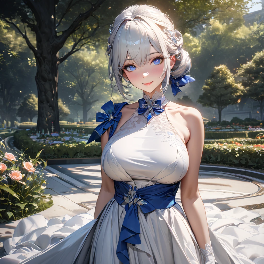 A woman wearing a sophisticated white dress with silver details, blue sapphire on the dress, long white gloves, exposed shoulder, large breasts, long dress, long white hair, blue bows in her hair, blue eyes, smiling, in a garden with trees, sophisticated garden , walking on luxury concrete floor, perfect eyes, day spotm,UHD , prime work , accurate , anatomically correct , textured skin , super details , high quality , best quality, 8k, high resolution, bokeh effect. (woman alone), close view. realistic
