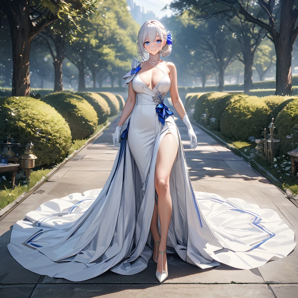 A woman wearing a sophisticated white dress with silver details, blue sapphire on the dress, long white gloves, exposed shoulder, large breasts, long dress, long white hair, blue bows in her hair, blue eyes, smiling, in a garden with trees, sophisticated garden , walking on luxury concrete floor, perfect eyes, day spotm,UHD , prime work , accurate , anatomically correct , textured skin , super details , high quality , best quality, 8k, high resolution, bokeh effect. (woman alone), close view. realistic
