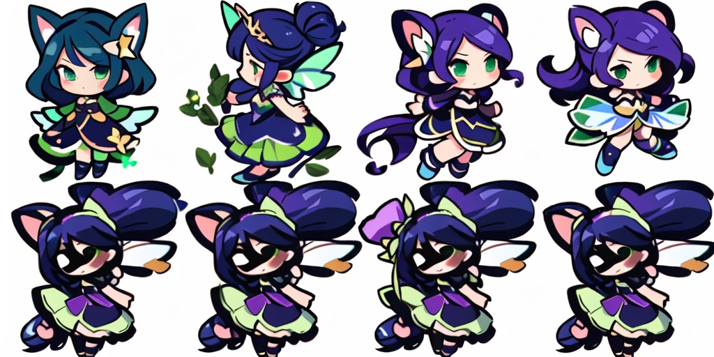 a close up of a cartoon character with different poses, spritesheet, sprite sheet, with familiar sprites, sprites, fairy girl, morgana, default pose neutral expression, twirling, sprite 2 d, shady, green fairy, smol,  multiple poses, cute chibi, kawaii
