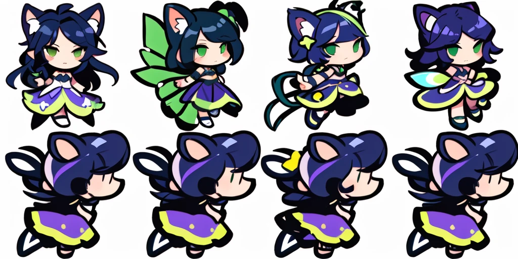 a close up of a cartoon character with different poses, spritesheet, sprite sheet, with familiar sprites, sprites, fairy girl, morgana, default pose neutral expression, twirling, sprite 2 d, shady, green fairy, smol,  multiple poses, cute chibi, kawaii