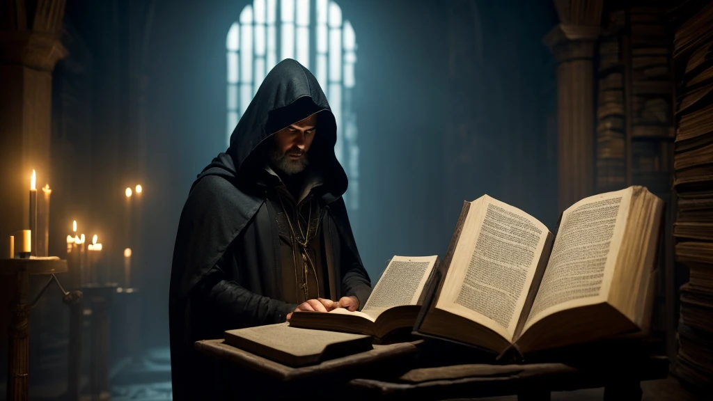 Imagine an intriguing and mysterious scene: a hooded character, standing with your back to the viewer, in a dark and ancient environment. In front of you, an antique wooden table with ancient scrolls and open religious books. Dim light from nearby candles highlights details of ancient inscriptions on the walls. Ao fundo, shadows suggest the presence of other hooded characters, adding an air of mystery and conspiracy. The focus of the scene is the contrast between darkness and points of light, creating an atmosphere of secrecy and power. The central character is immersed in reading an old book, with his face hidden by his hood, suggesting anonymity and an enigmatic figure who holds ancient and powerful knowledge.