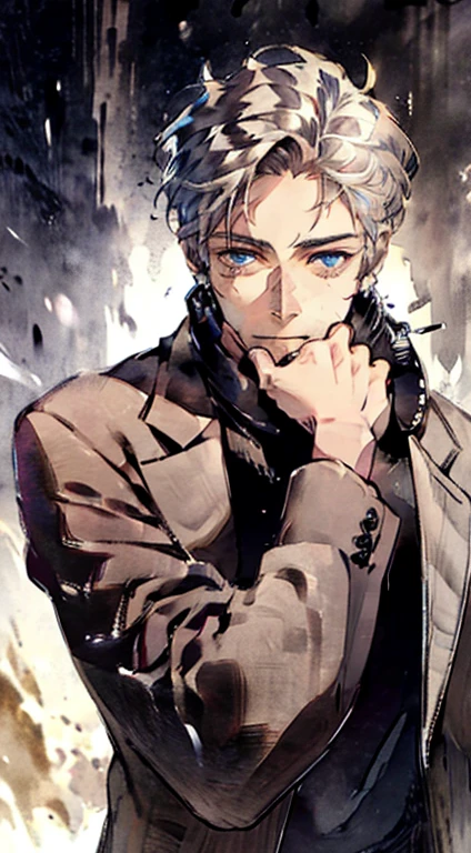 (best quality,4k,8k,highres,masterpiece:1.2),ultra-detailed,(realistic,photorealistic,photo-realistic:1.37),1 man,31 years old,mature man,very handsome,without expression,smile,short grey white hair,blue eyes,penetrating gaze,perfect face without errors,imposing posture,businessman,office background,cinematic lighting,hdr image