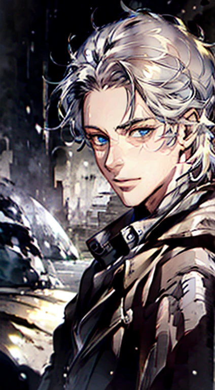 (best quality,4k,8k,highres,masterpiece:1.2),ultra-detailed,(realistic,photorealistic,photo-realistic:1.37),1 man,31 years old,mature man,very handsome,without expression,smile,short grey white hair,blue eyes,penetrating gaze,perfect face without errors,imposing posture,businessman,office background,cinematic lighting,hdr image