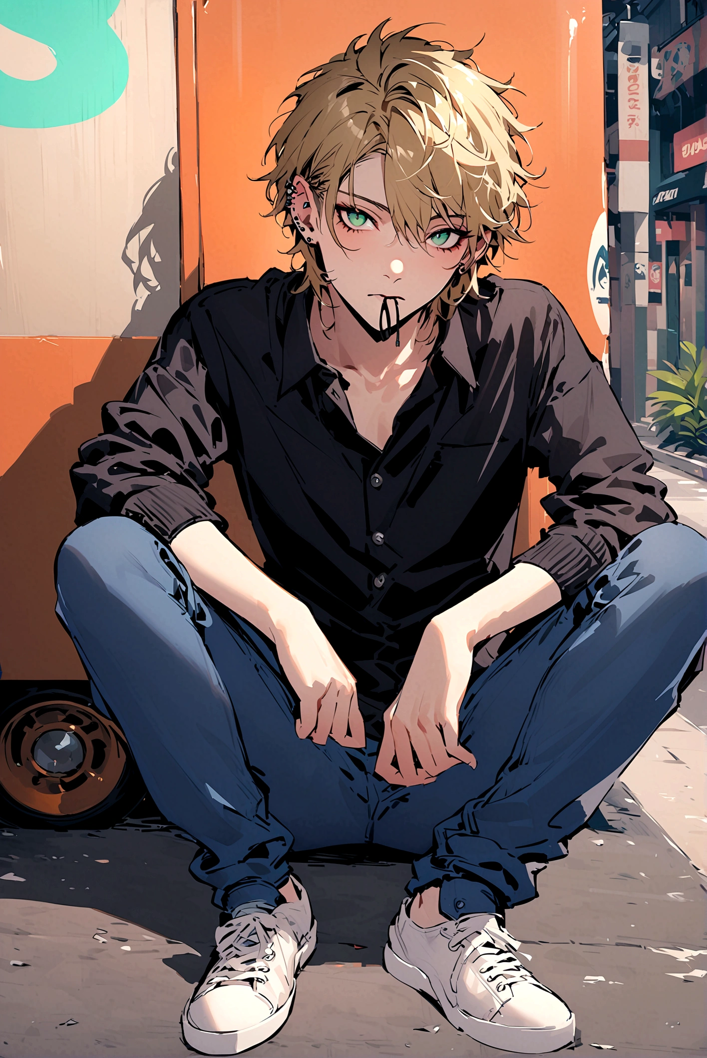 Semi-realistic portrait of a teenage boy, He wears a black collared shirt. Her green eyes and messy blonde hair, he has piercings in his ears, nose and mouth.