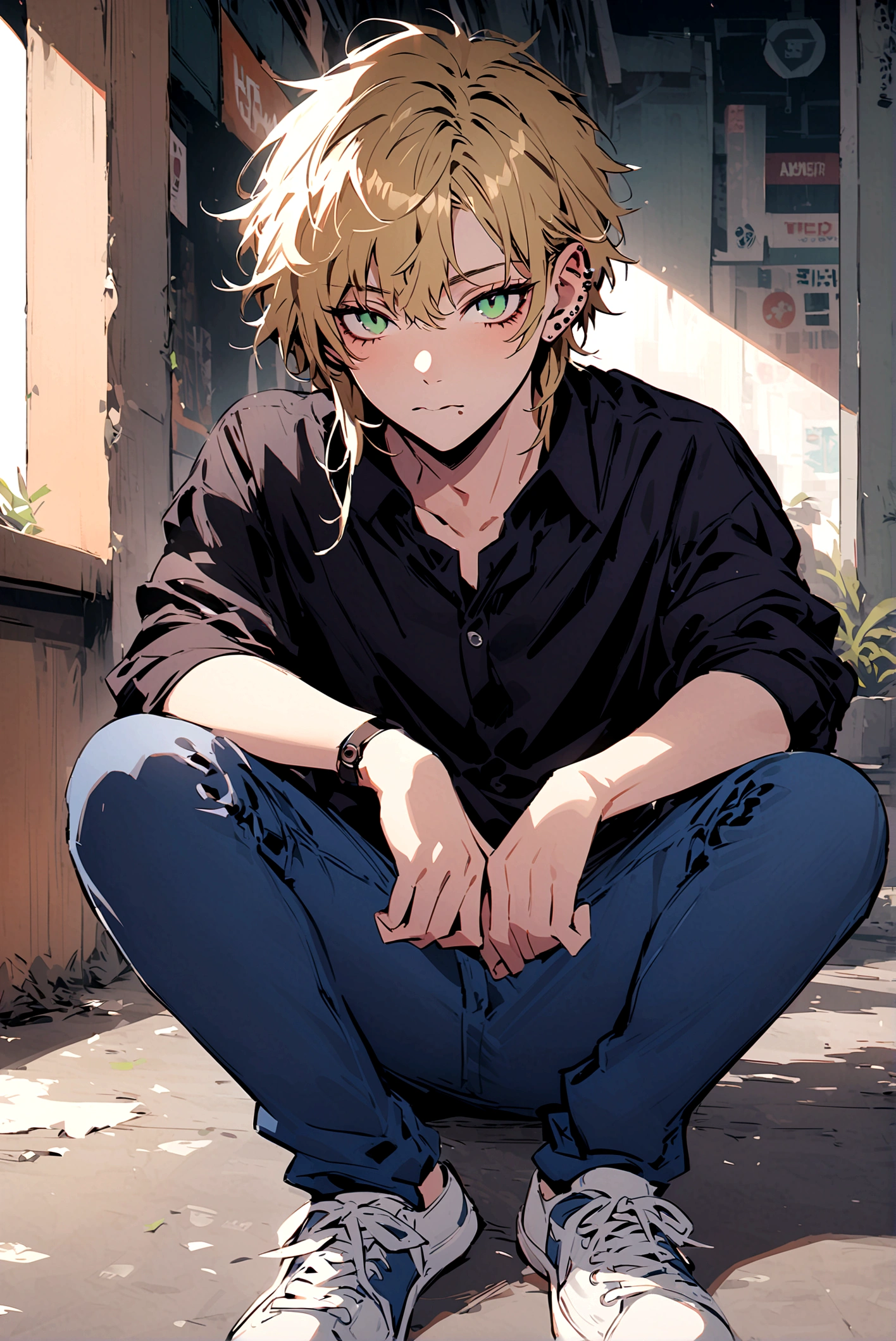 Semi-realistic portrait of a teenage boy, He wears a black collared shirt. Her green eyes and messy blonde hair, he has piercings in his ears, nose and mouth.
