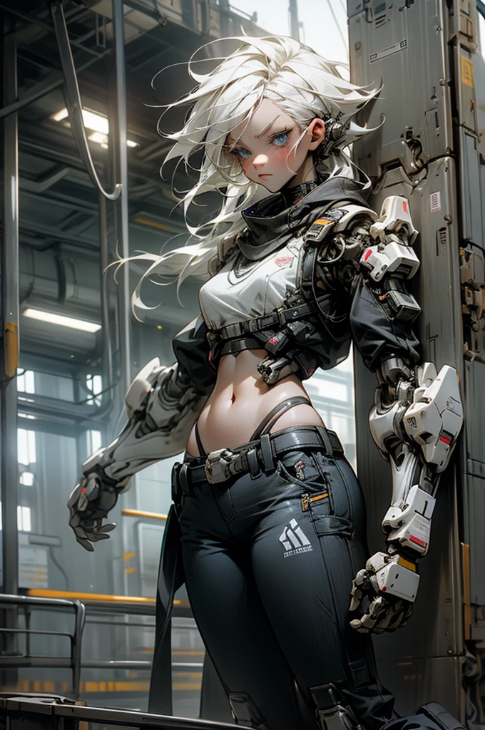1 girl, white  hair, blue colored eyes, Technological bra, exposed belly, left battle arm, human right arm, Pants, High-tech sneakers, serious pose, scenario with Mecha robot.