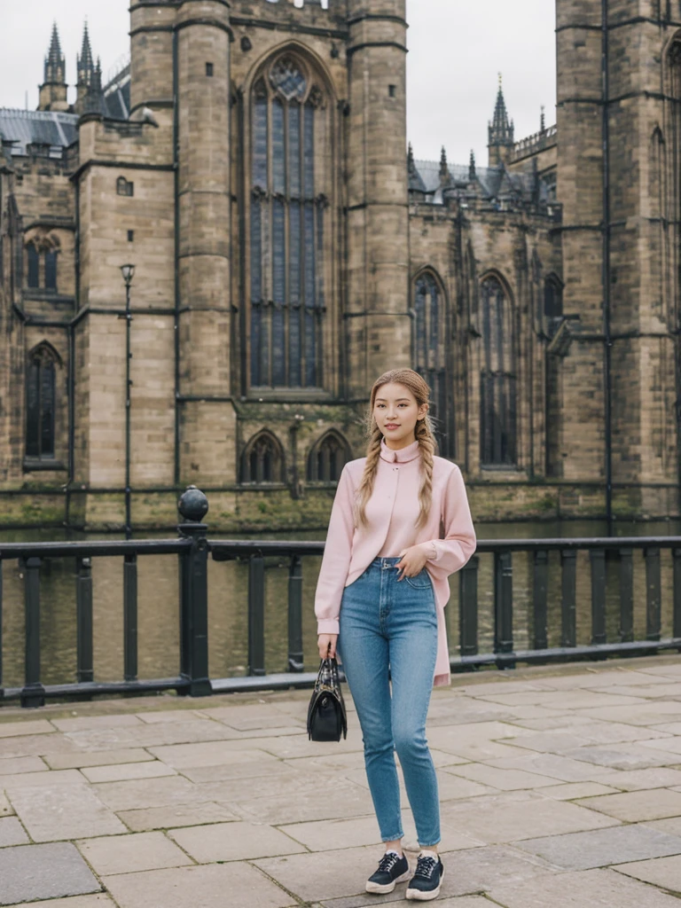 her name is Asako, high quality, 1girl, ((20-year-old fit Caucasian woman)), ((20 years old)), ((slim)), ((Fishtail Braid hair)), pose: standing, wearing aesthetic Generation-Z modern wear pastel colored, BACKGROUND:"At the Princes Street Gardens, with views of the Scott Monument and Edinburgh Castle."