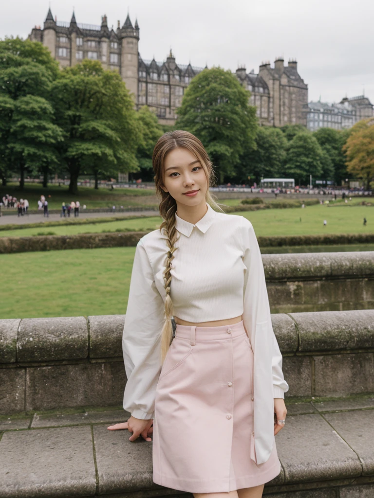 her name is Asako, high quality, 1girl, ((20-year-old fit Caucasian woman)), ((20 years old)), ((slim)), ((Fishtail Braid hair)), pose: standing, wearing aesthetic Generation-Z modern wear pastel colored, BACKGROUND:"At the Princes Street Gardens, with views of the Scott Monument and Edinburgh Castle."
