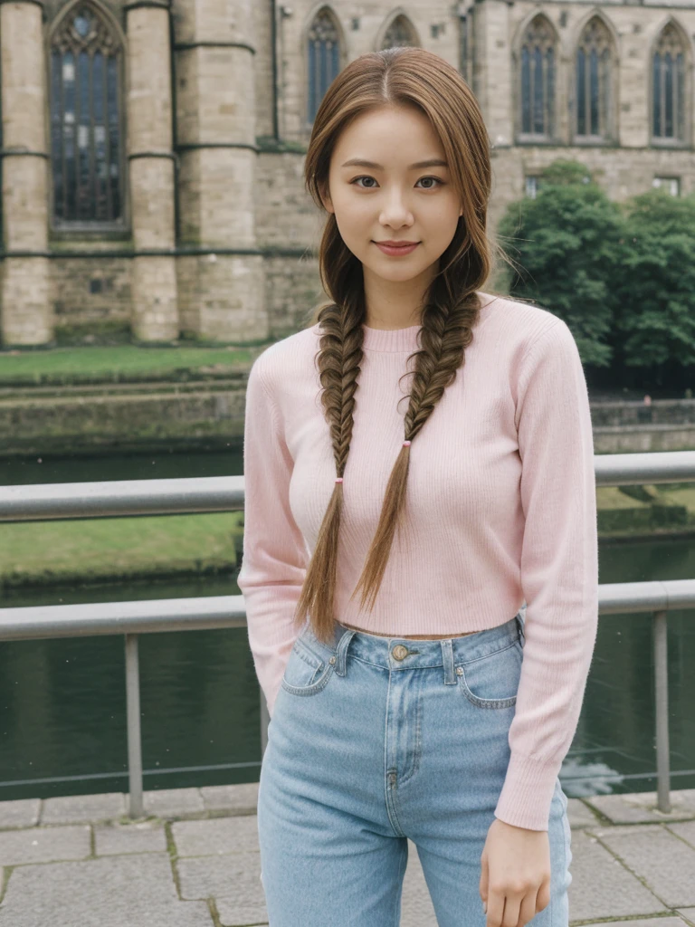 her name is Asako, high quality, 1girl, ((20-year-old fit Caucasian woman)), ((20 years old)), ((slim)), ((Fishtail Braid hair)), pose: standing, wearing aesthetic Generation-Z modern wear pastel colored, BACKGROUND:"At the Princes Street Gardens, with views of the Scott Monument and Edinburgh Castle."