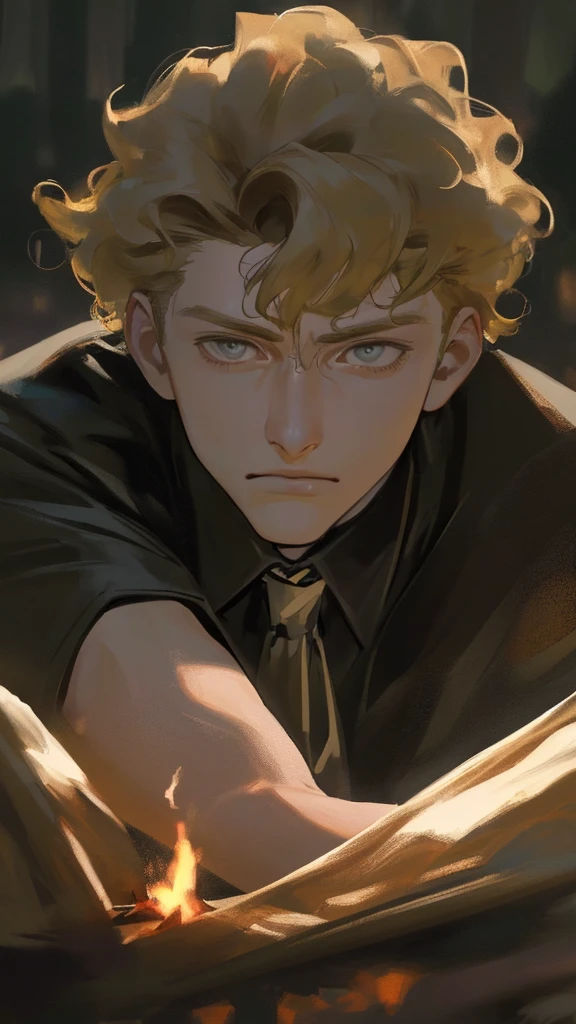 a futurist deserter late teenager boy, captured boy, young boy, sexy, blonde hair, scared, detailed face, tearing eyes, beautiful boy, pretty face, sexy, curly hair, tie in a campfire, cinematic atmosphere, dark colors, environment, realistic 3D render, (best quality,4k,8k,highres,masterpiece:1.2),ultra-detailed,(realistic,photorealistic,photo-realistic:1.37)