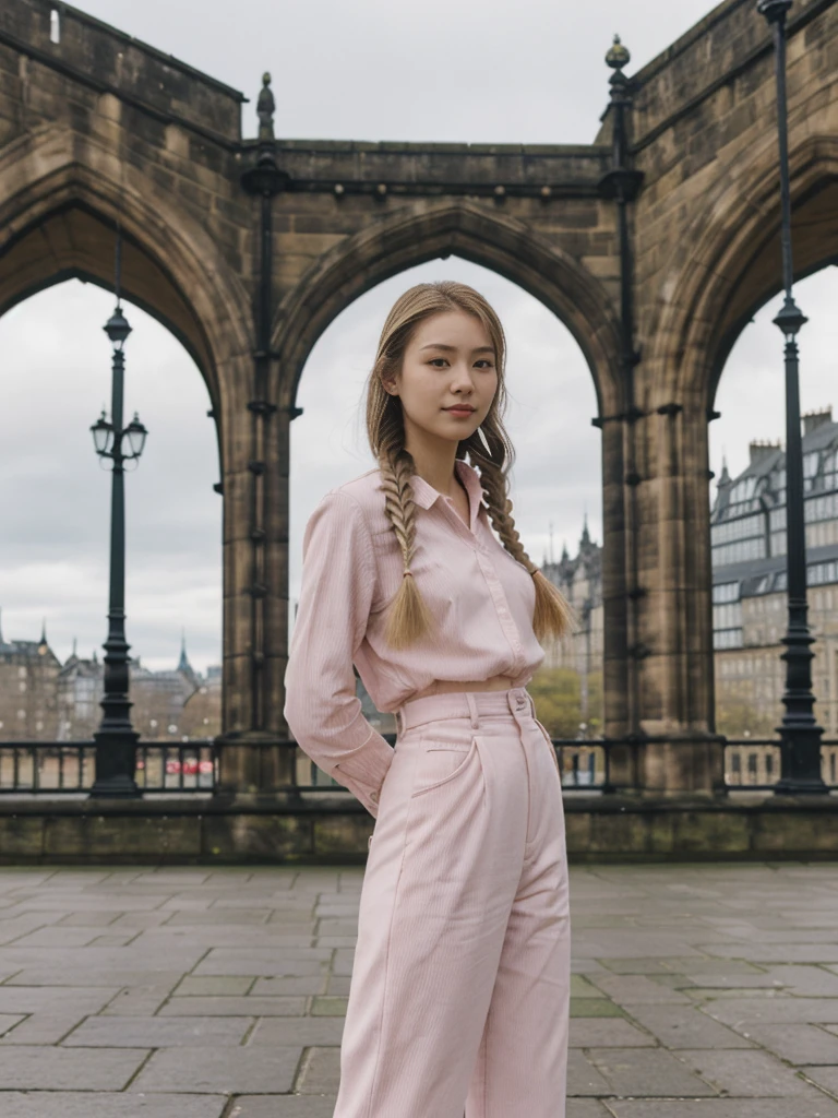 her name is Asako, high quality, 1girl, ((20-year-old fit Caucasian woman)), ((20 years old)), ((slim)), ((Fishtail Braid hair)), pose: standing, wearing aesthetic Generation-Z modern wear pastel colored, BACKGROUND:"At the Princes Street Gardens, with views of the Scott Monument and Edinburgh Castle."