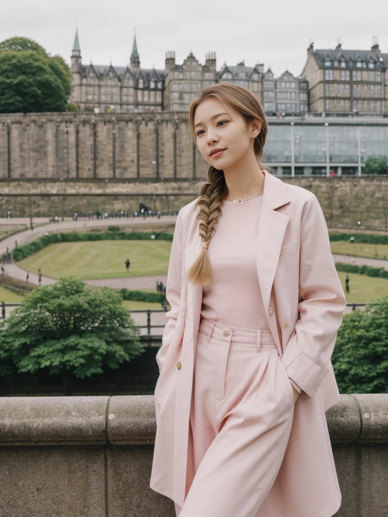her name is Asako, high quality, 1girl, ((20-year-old fit Caucasian woman)), ((20 years old)), ((slim)), ((Fishtail Braid hair)), pose: standing, wearing aesthetic Generation-Z modern wear pastel colored, BACKGROUND:"At the Princes Street Gardens, with views of the Scott Monument and Edinburgh Castle."