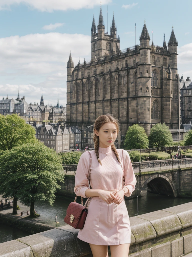 her name is Asako, high quality, 1girl, ((20-year-old fit Caucasian woman)), ((20 years old)), ((slim)), ((Fishtail Braid hair)), pose: standing, wearing aesthetic Generation-Z modern wear pastel colored, BACKGROUND:"At the Princes Street Gardens, with views of the Scott Monument and Edinburgh Castle."