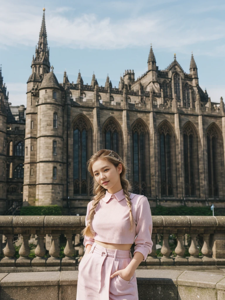 her name is Asako, high quality, 1girl, ((20-year-old fit Caucasian woman)), ((20 years old)), ((slim)), ((Fishtail Braid hair)), pose: standing, wearing aesthetic Generation-Z modern wear pastel colored, BACKGROUND:"At the Princes Street Gardens, with views of the Scott Monument and Edinburgh Castle."