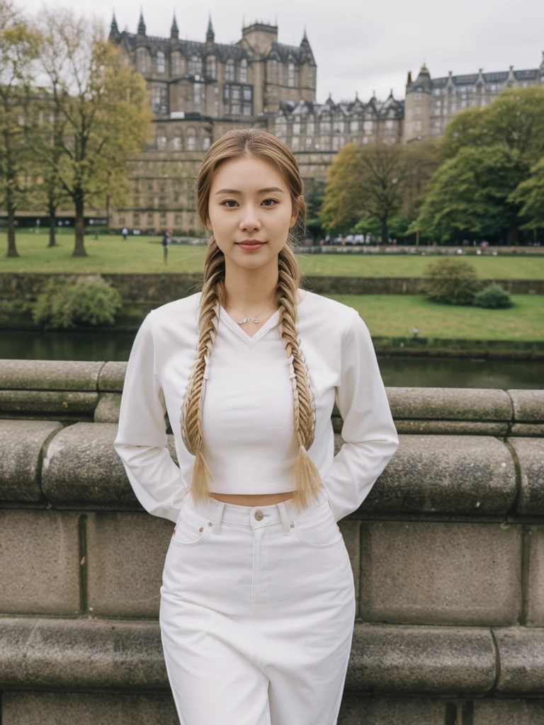 her name is Asako, high quality, 1girl, ((20-year-old fit Caucasian woman)), ((20 years old)), ((slim)), ((Fishtail Braid hair)), pose: standing, wearing aesthetic Generation-Z modern wear pastel colored, BACKGROUND:"At the Princes Street Gardens, with views of the Scott Monument and Edinburgh Castle."