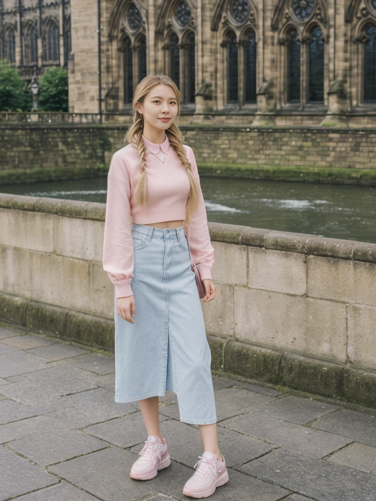 her name is Asako, high quality, 1girl, ((20-year-old fit Caucasian woman)), ((20 years old)), ((slim)), ((Fishtail Braid hair)), pose: standing, wearing aesthetic Generation-Z modern wear pastel colored, BACKGROUND:"At the Princes Street Gardens, with views of the Scott Monument and Edinburgh Castle."