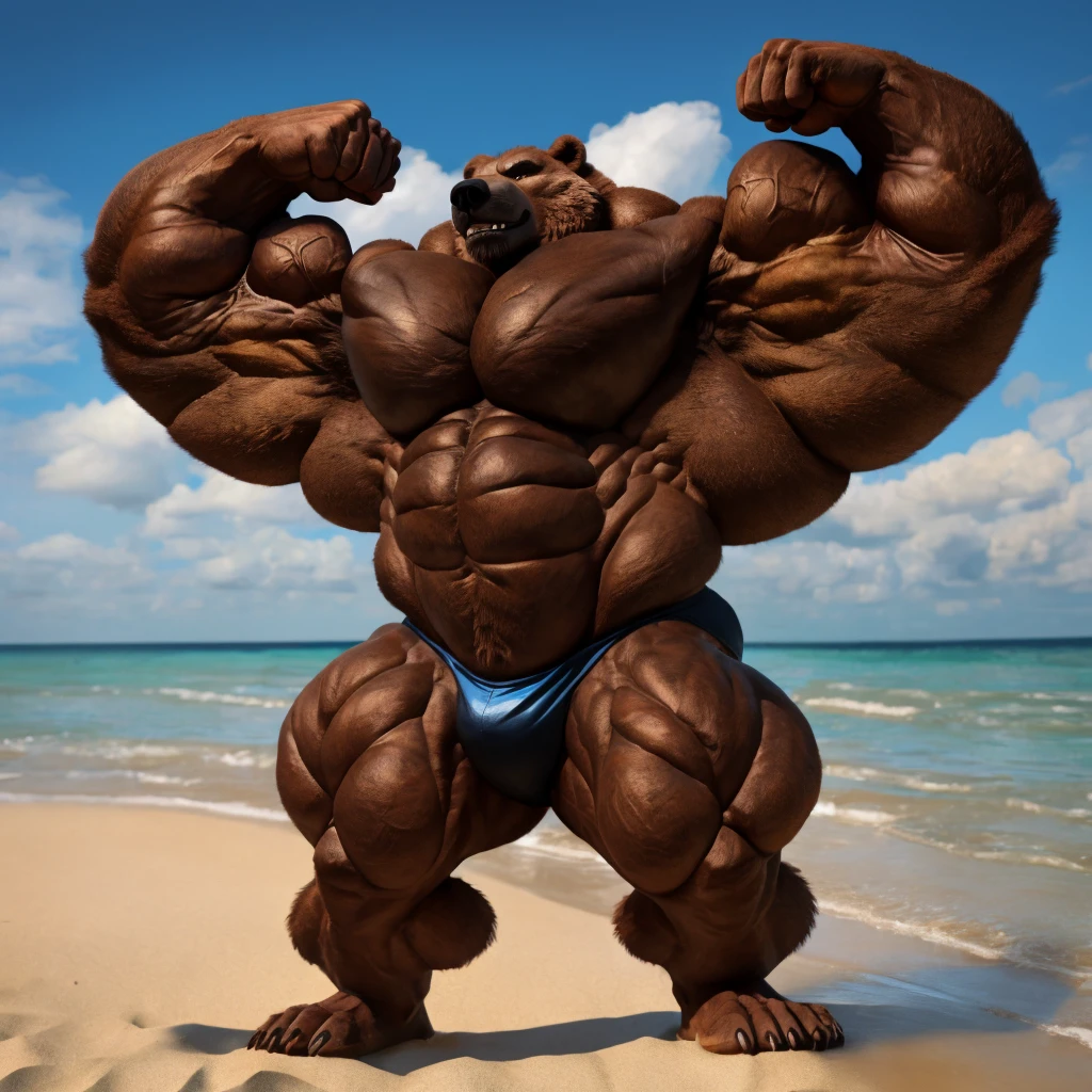 beach, extremely huge muscular, massive muscular, full-body, well-muscled old grizzly bear in shirtless and . ((extremely muscle size, super thick arms, huge pectoral, extremely wide pectoral , huge arms)).  Correct , and add details to make it attractive and interesting. Add textures and details to make the image more realistic, such as the appearance of the brown fur texture and the appearance of the brown skin. Flexing for the ladies, Make sure the resulting image is high resolution, 8K quality."