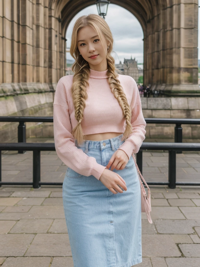 her name is Asako, high quality, 1girl, ((20-year-old fit Caucasian woman)), ((20 years old)), ((slim)), ((Fishtail Braid hair)), pose: standing, wearing aesthetic Generation-Z modern wear pastel colored, BACKGROUND:"At the Princes Street Gardens, with views of the Scott Monument and Edinburgh Castle."