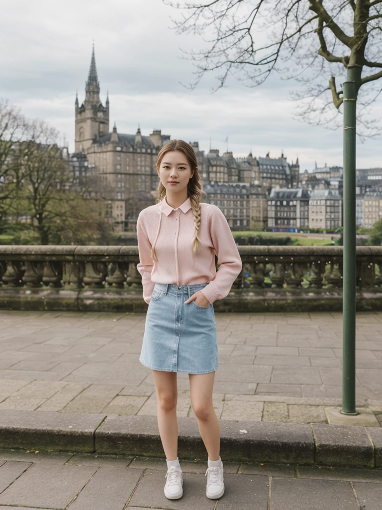her name is Asako, high quality, 1girl, ((20-year-old fit Caucasian woman)), ((20 years old)), ((slim)), ((Fishtail Braid hair)), pose: standing, wearing aesthetic Generation-Z modern wear pastel colored, BACKGROUND:"At the Princes Street Gardens, with views of the Scott Monument and Edinburgh Castle."