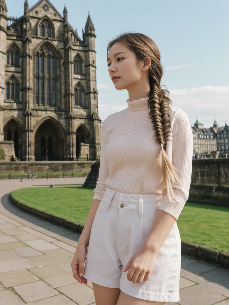 her name is Asako, high quality, 1girl, ((20-year-old fit Caucasian woman)), ((20 years old)), ((slim)), ((Fishtail Braid hair)), pose: standing, wearing aesthetic Generation-Z modern wear pastel colored, BACKGROUND:"At the Princes Street Gardens, with views of the Scott Monument and Edinburgh Castle."