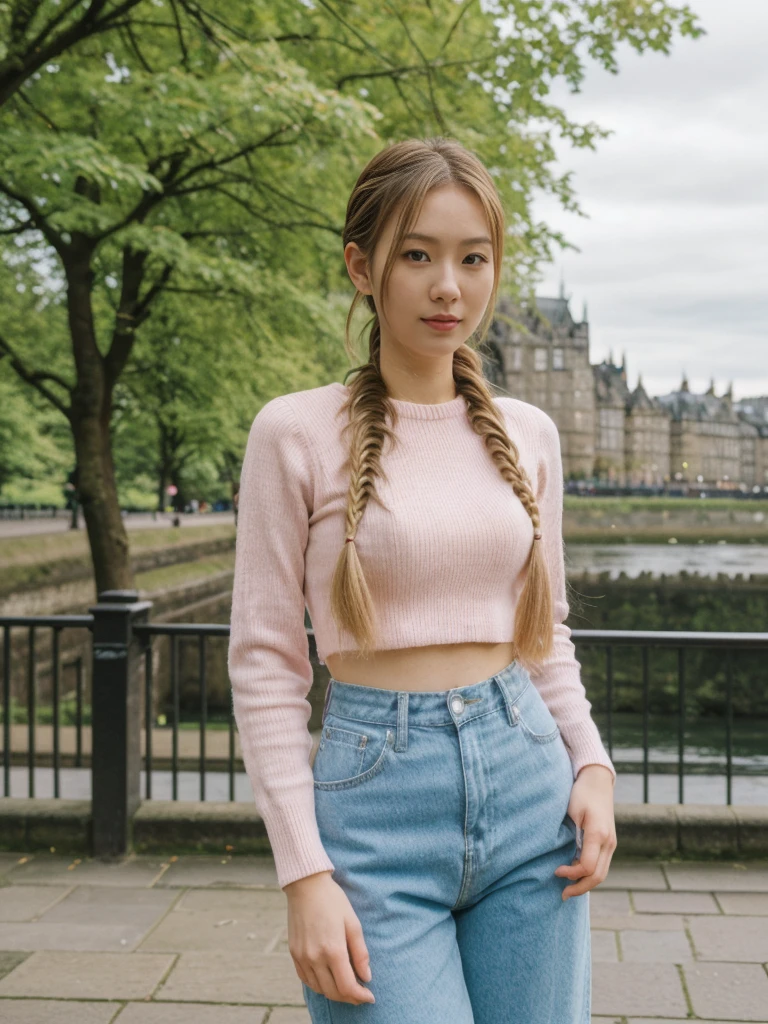 her name is Asako, high quality, 1girl, ((20-year-old fit Caucasian woman)), ((20 years old)), ((slim)), ((Fishtail Braid hair)), pose: standing, wearing aesthetic Generation-Z modern wear pastel colored, BACKGROUND:"At the Princes Street Gardens, with views of the Scott Monument and Edinburgh Castle."