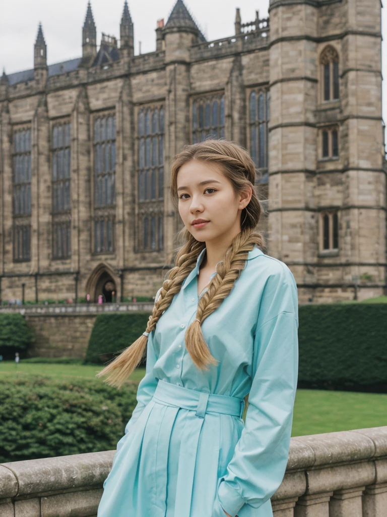 her name is Asako, high quality, 1girl, ((20-year-old fit Caucasian woman)), ((20 years old)), ((slim)), ((Fishtail Braid hair)), pose: standing, wearing aesthetic Generation-Z modern wear pastel colored, BACKGROUND:"At the Princes Street Gardens, with views of the Scott Monument and Edinburgh Castle."