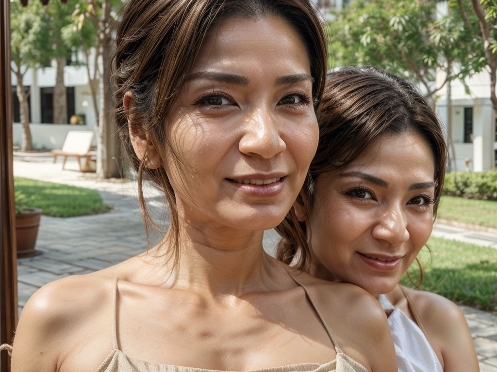 ((Highest quality)), ((8K)), ((masterpiece: 1.3)), (Perfect appearance), (Photorealism: 1.6), (JMA), (AYN), (1人のJapanese Mature), (Mature woman relaxing on the cafe terrace), (56 years old, Japanese Mature), ((Realistic skin texture)), (Fine lines all over the skin), (Dull skin), (Facial wrinkles), (Wrinkles around the eyes), double eyelid, Tear bags under the eyelids,