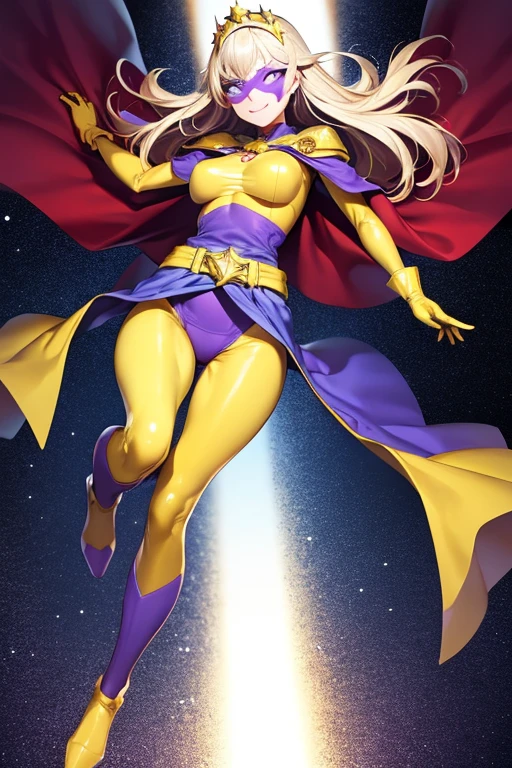 ((best quality)), ((masterpiece)), (detailed), 1 girl, Full body, 19 years old, White skin, Smiling face, Blue eyes, Star shaped tiara, Arms outstretched, Arms behind waist, Masked face, Eye mask, Superhero mask, blue mask, Blushing, Blonde hair, Straight hair, Long hair, Bangs, 2 star clips on the sides of hair, Full body, Medium breasts, Slim body, Hands with yellow stars on them, Wrist bands, Long yellow gloves, Purple gloves, Superhero costume, Superheroes, Full body entirely yellow suit, With a big yellow star in the center, Star emblem, Somewhat tight, Long yellow cape on waist, Red belt, Thighs with tights purple, purple boots, flying, city background, anime
