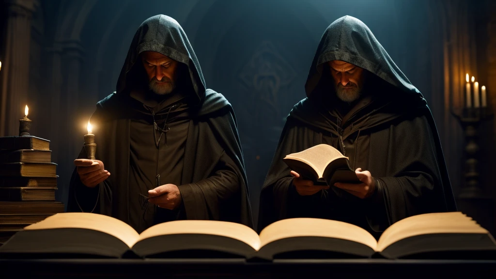 Imagine an intriguing and mysterious scene: a hooded character, standing with your back to the viewer, in a dark and ancient environment. In front of you, an antique wooden table with ancient scrolls and open religious books. Dim light from nearby candles highlights details of ancient inscriptions on the walls. Ao fundo, shadows suggest the presence of other hooded characters, adding an air of mystery and conspiracy. The focus of the scene is the contrast between darkness and points of light, creating an atmosphere of secrecy and power. The central character is immersed in reading an old book, with his face hidden by his hood, suggesting anonymity and an enigmatic figure who holds ancient and powerful knowledge.