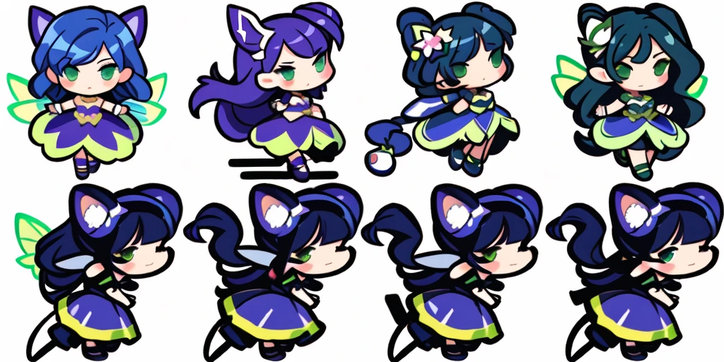 a close up of a cartoon character with different poses, spritesheet, sprite sheet, with familiar sprites, sprites, fairy girl, morgana, default pose neutral expression, twirling, sprite 2 d, shady, green fairy, smol, multiple poses, cute chibi, kawaii