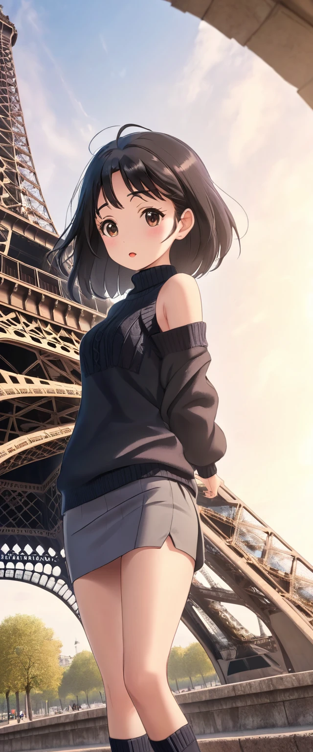 (8K, RAW Photos, Realistic: 1.25), A woman takes a model photo underneath an Eiffel Tower-style tower, Detailed Tower Images, From below:1.3, Black Hair, semi-long, stylish, Tight knit sweater, Cut chest, Shoulder bag, tight fitting skirt, ((Clothes that highlight your sexy body lines)), ((Shoulder bagのベルトが胸の谷間にたすき掛けで挟まれている)), A woman&#39;s chest with her large breasts highlighted by a belt digging into her cleavage, Looking down at the viewer, Elegantly photographing a woman&#39;s lower body, From the groin to the thighs,