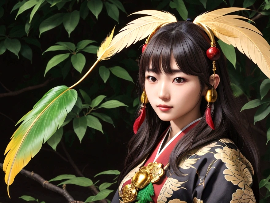 Beautiful female Tengu(1 person)、Large Breastuscular、Golden big leaves、Feather、4K、Real、high resolution