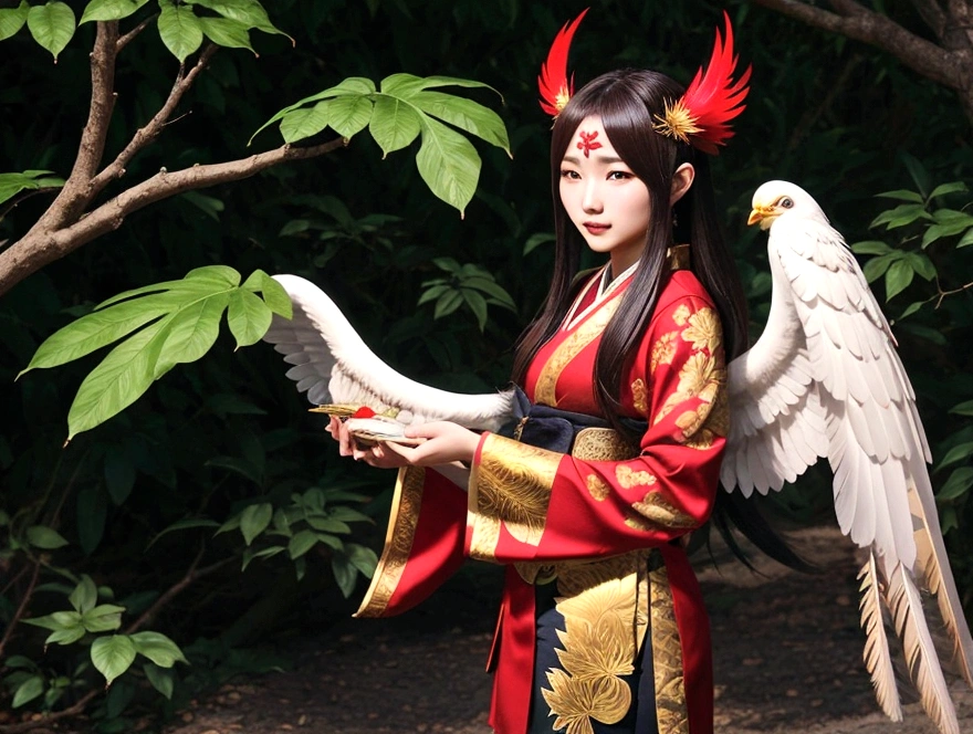 Beautiful female Tengu(1 person)、Large Breastuscular、Golden big leaves、Feather、4K、Real、high resolution