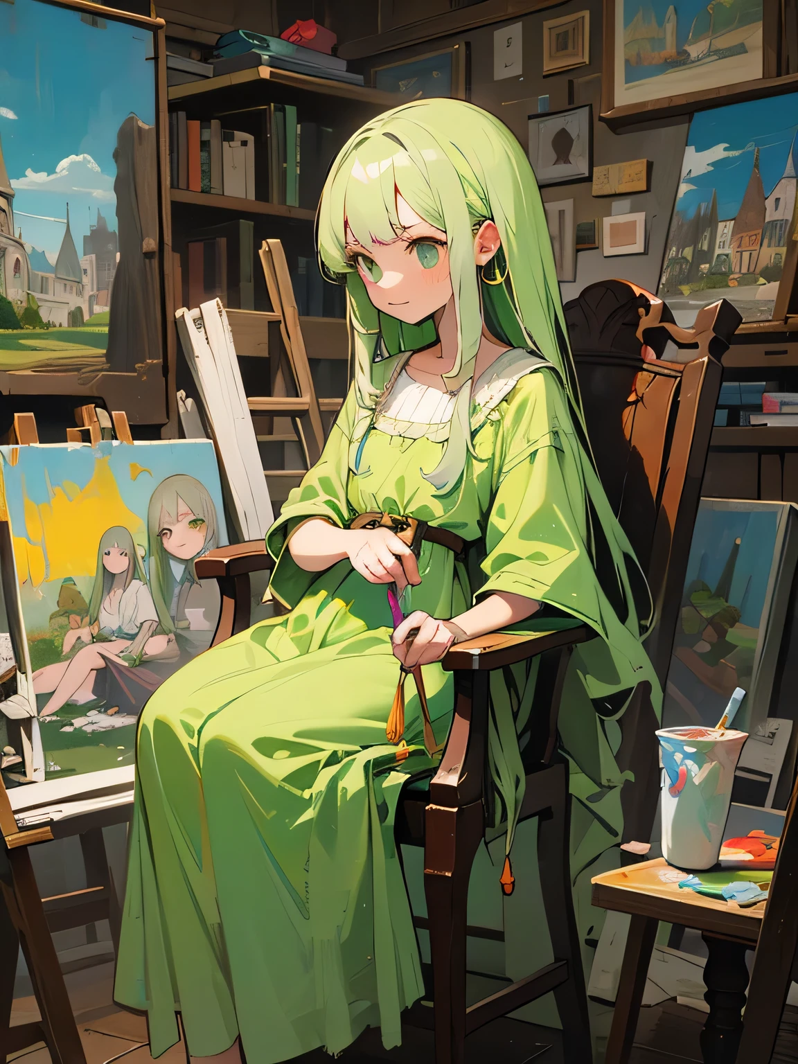 birdeyesview,solo, light pastel green color hair, long  thin straight hair, light green dress, shy smile, stylish atelier, canvas, oil painting, paintbrush,adult women,Adding color to the canvas with a paintbrush, looking away, desperation, serious expression,sitting chair