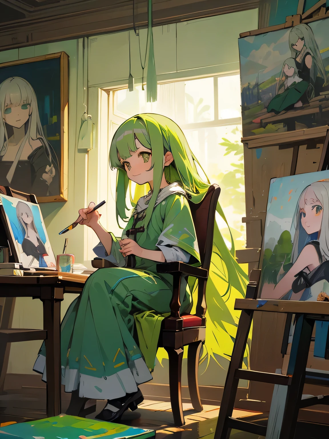 birdeyesview,solo, light pastel green color hair, long thin straight hair, light green dress, shy smile, stylish atelier, canvas, oil painting, paintbrush,adult women,Adding color to the canvas with a paintbrush, looking away, desperation, serious expression,sitting chair