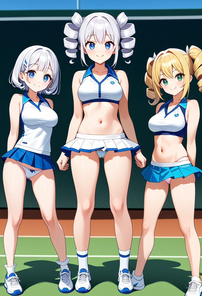 ((Highest quality)), ((masterpiece)), (be familiar with), Perfect Face, Big eyes, Drooping eyes, eyelash, The sparkling light of the eyes, twin drill short hair, tennis uniform, white pleated micro mini skirt, tri-fold short socks, (white ruffle panties), smile, medium breasts, closed mouth, whole body