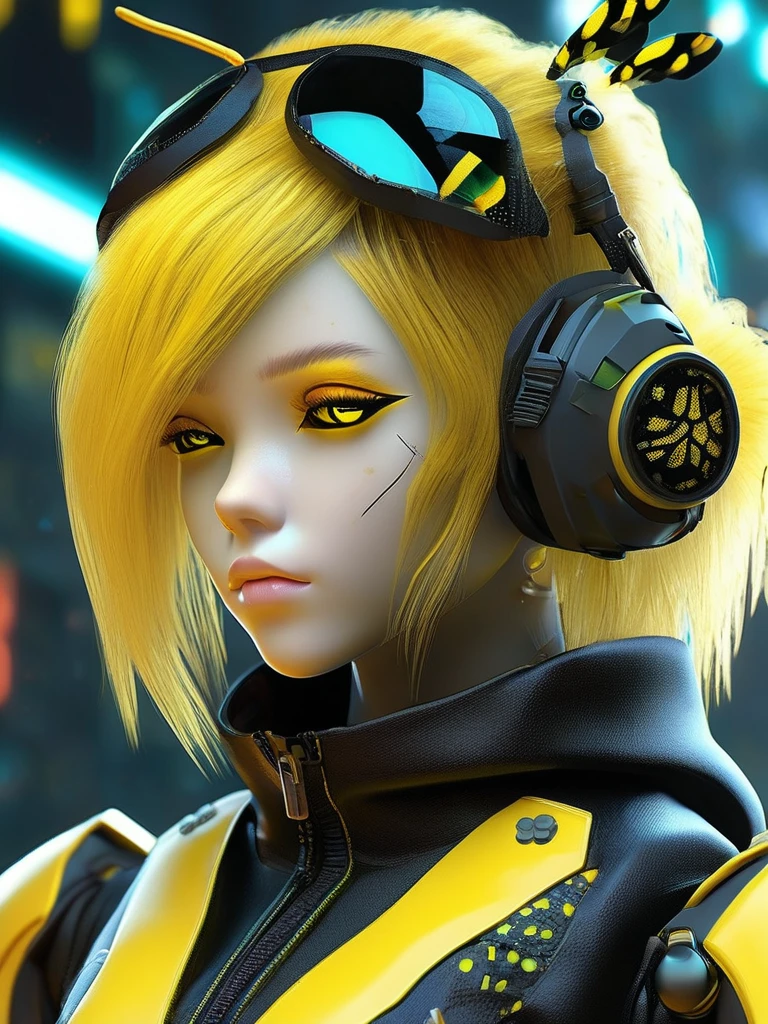 a close up of a doll with yellow hair and a black jacket, cyberpunk bee, insect trainer girl, epic 3 d abstract emo girl, cute detailed digital art, cyberpunk cyborg wasp, anime styled 3d, anime styled digital art, trending on deviant art, based on bumblebee, anime style digital art, human structure bee concept art, yellow eyes