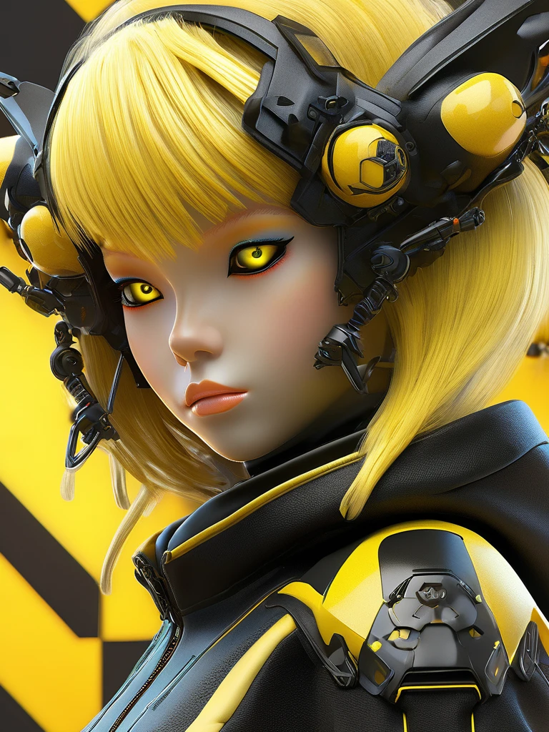 a close up of a doll with yellow hair and a black jacket, cyberpunk bee, insect trainer girl, epic 3 d abstract emo girl, cute detailed digital art, cyberpunk cyborg wasp, anime styled 3d, anime styled digital art, trending on deviant art, based on bumblebee, anime style digital art, human structure bee concept art, yellow eyes